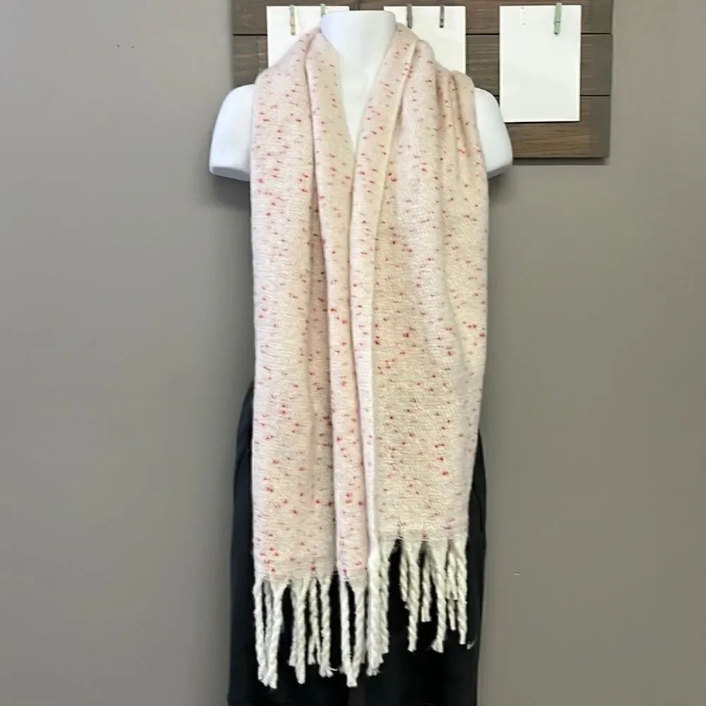 LC Lauren Conrad Women’s Cream and Red Wool Scarf with Tassels
